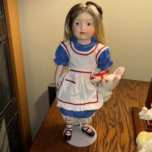 Franklin Heirloom Blond Alice in Wonderland Doll with Rabbits 13” with Stand
